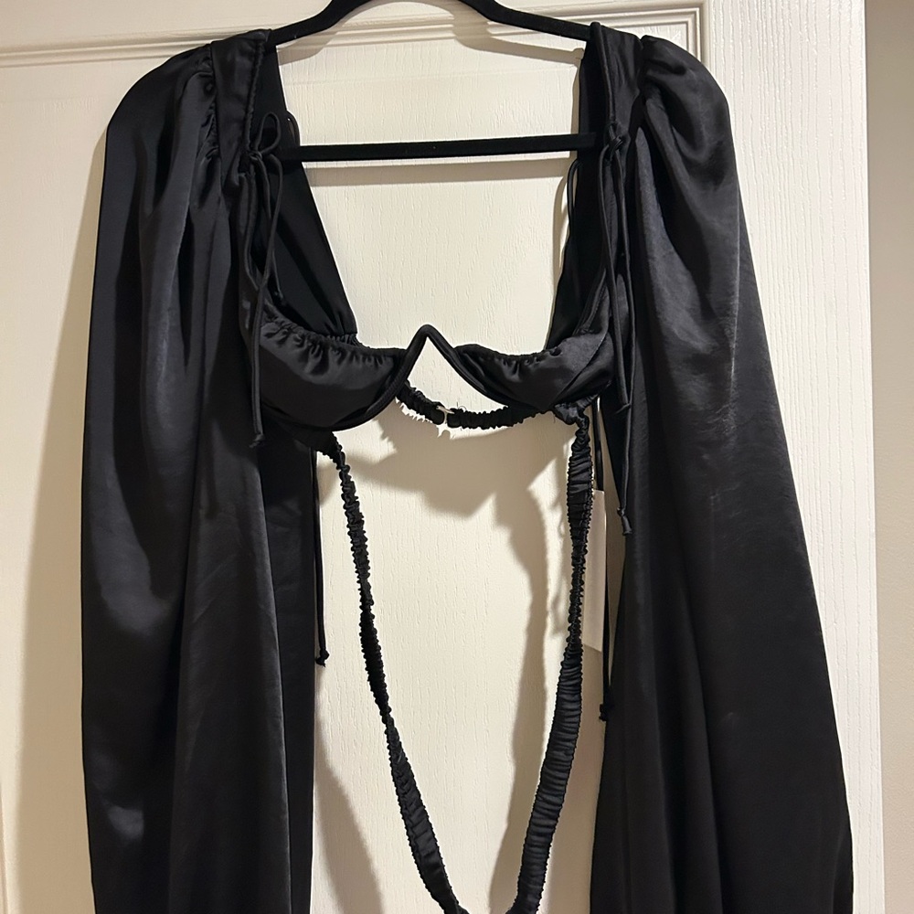 For Love And Lemons Black Satin Robe with Tie Detail